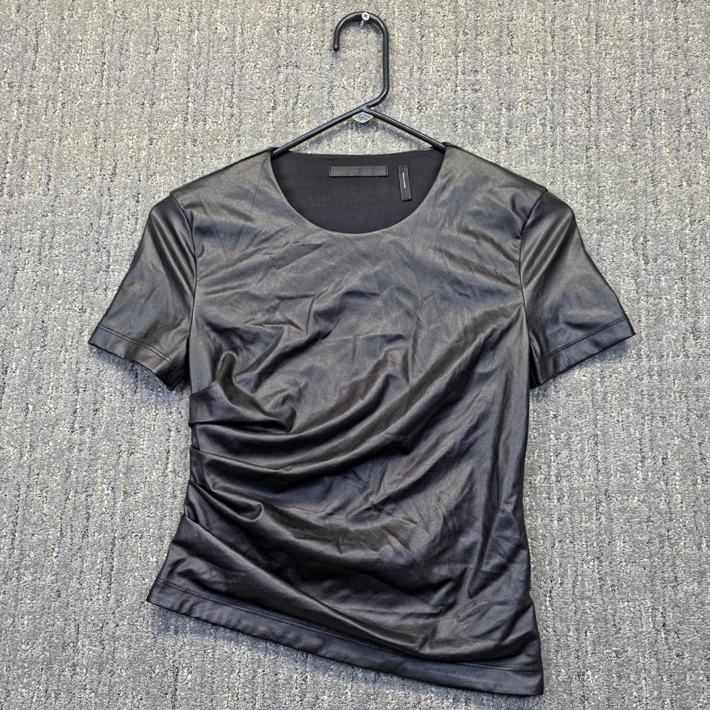 Helmut Lang Womens S Ruched Faux Leather Top Black Goth Biker Moto Short Sleeve‎